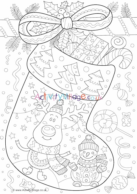 Christmas stocking doodle colouring page