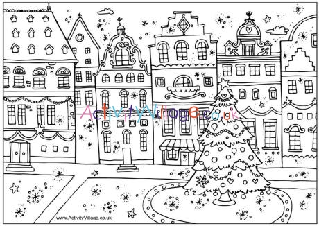 Christmas street colouring page