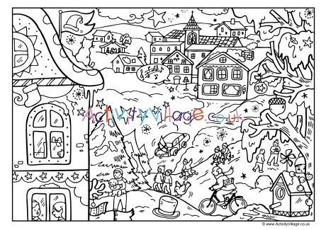 Christmas Village Colouring Page