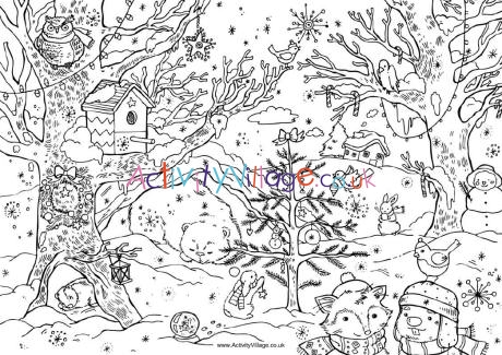 Christmas woods colouring page