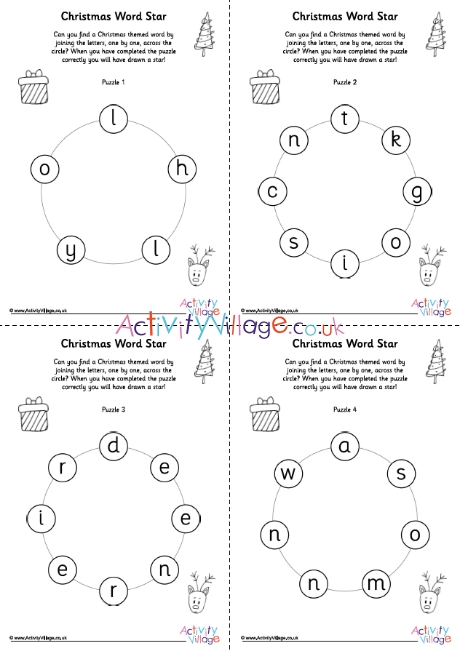 Christmas Word Star Puzzles 1 Per Page