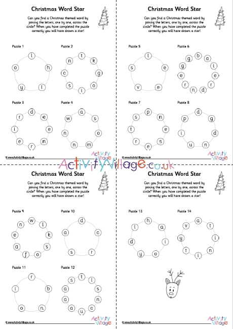 Christmas Word Star Puzzles 4 Per Page