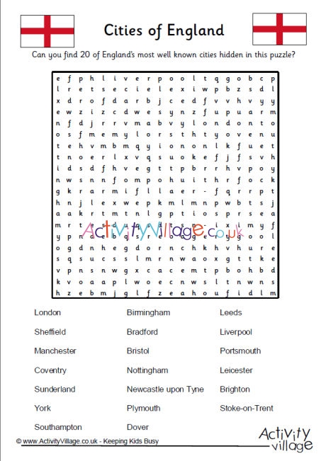 Cities of England word search