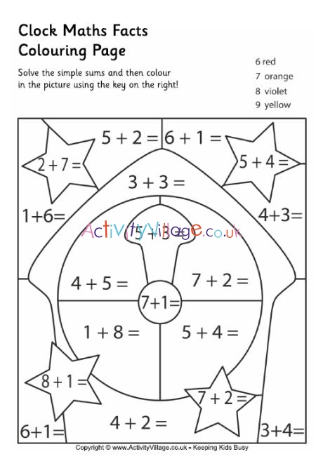 Clock maths facts colouring page