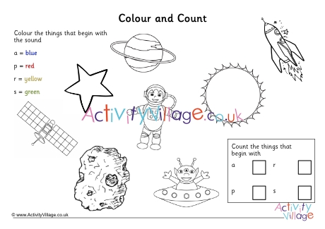 Colour and count space worksheet