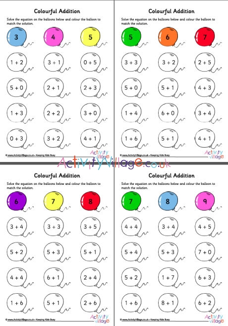 Colourful addition worksheets