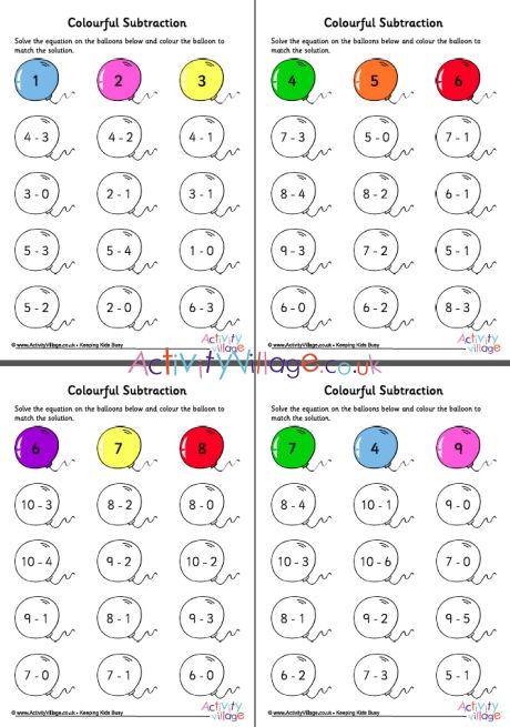 Colourful subtraction worksheets