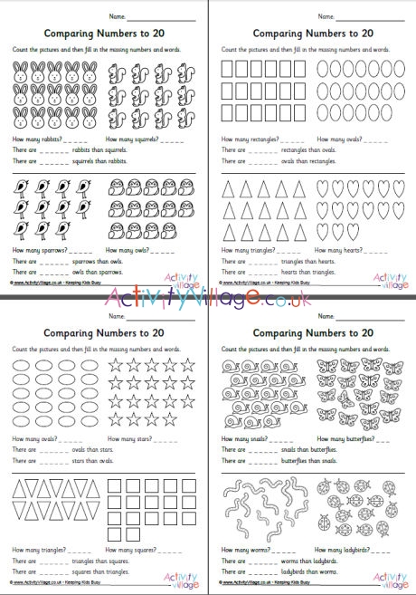 Comparing numbers to 20 worksheets set 1