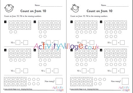 Count on from 10 worksheets set 3