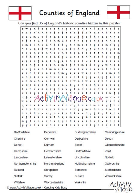 Counties of England word search
