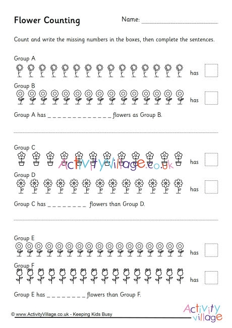 Counting and comparing flowers worksheet