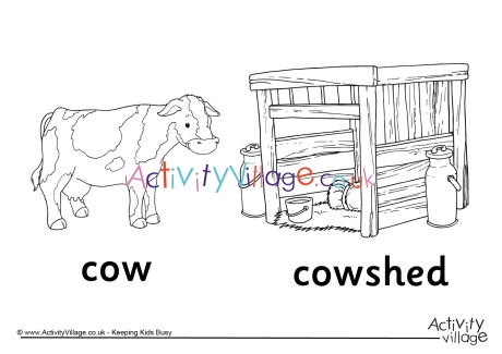 Cow and Cowshed Colouring Page