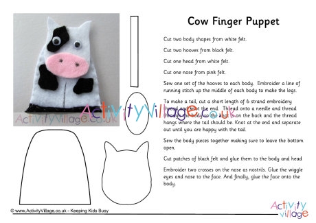 Cow finger puppet template and instructions