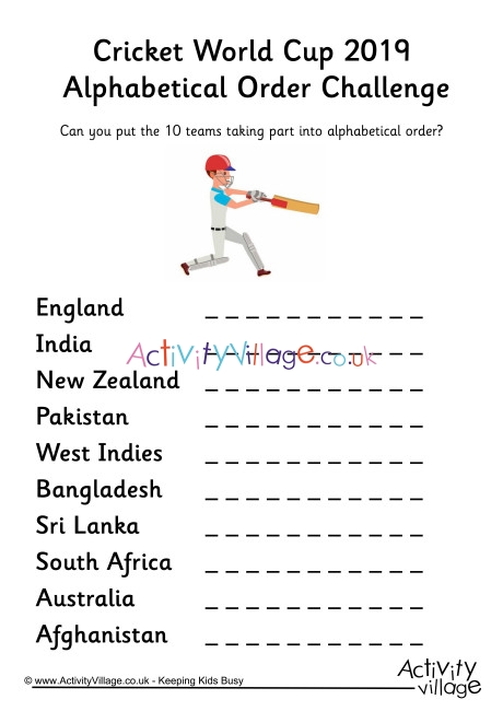 Cricket World Cup 2019 Alphabetical Order Challenge