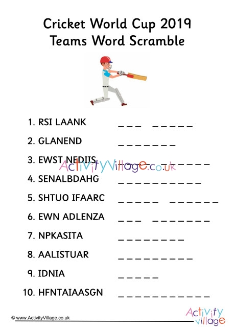 Cricket World Cup 2019 Teams Word Scramble