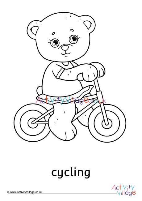 Cycling teddy bear colouring page