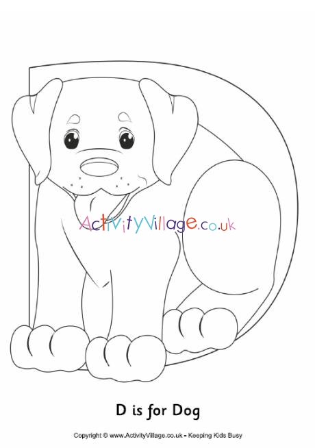 D is for dog colouring page