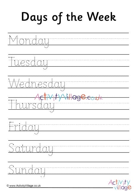 Days of the week handwriting worksheet