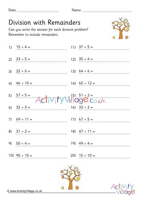 Division with remainders drill worksheet