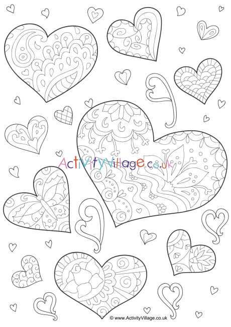 Doodle hearts colouring page