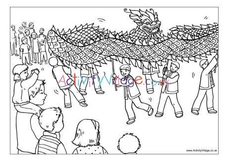 Dragon dance colouring page