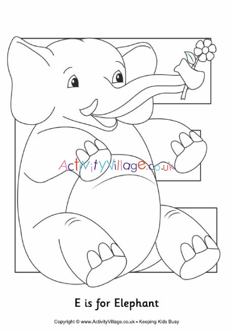 E is for elephant colouring page