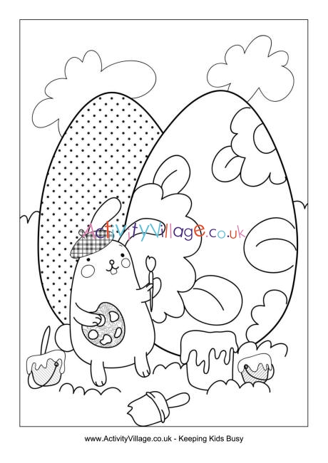 Easter bunny painting egg colouring page