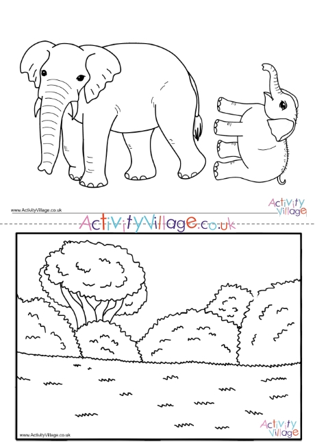 Elephant and baby cut outs colouring page