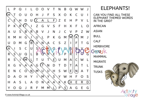 Elephant word search and solution