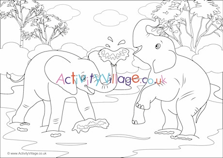 Elephants Scene Colouring Page