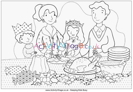 Family Christmas dinner colouring pages