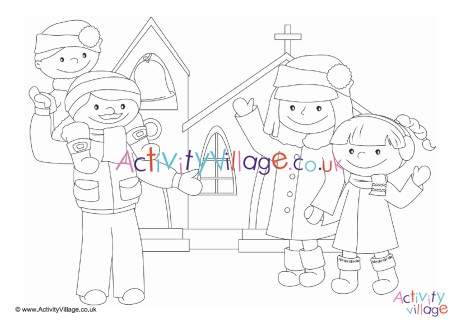 Family Going to Church Colouring Page