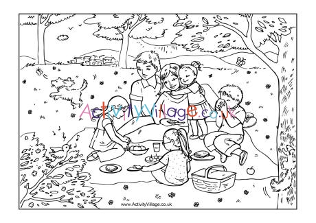 Family picnic colouring page
