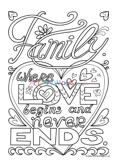 Family where love begins colouring page