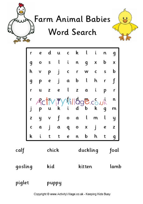 Farm animal babies word search