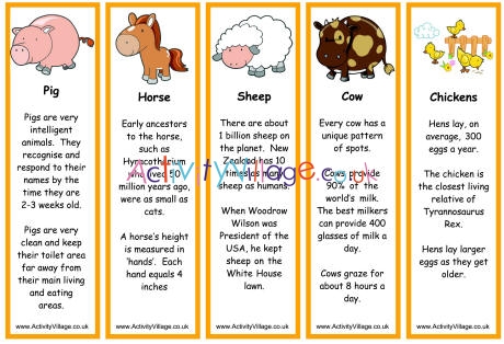 Farm animal bookmarks - facts