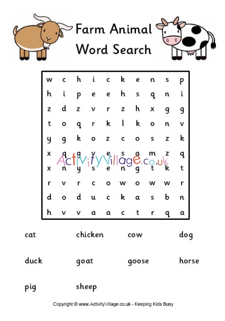 Farm animal word search