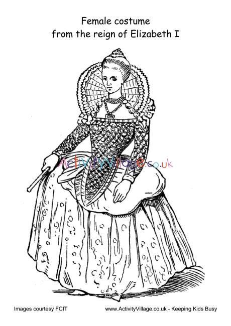 Female costume Reign Of Elizabeth I colouring page