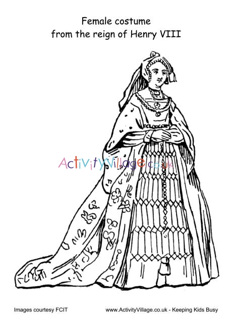 Female costume Reign of Henry VIII colouring page