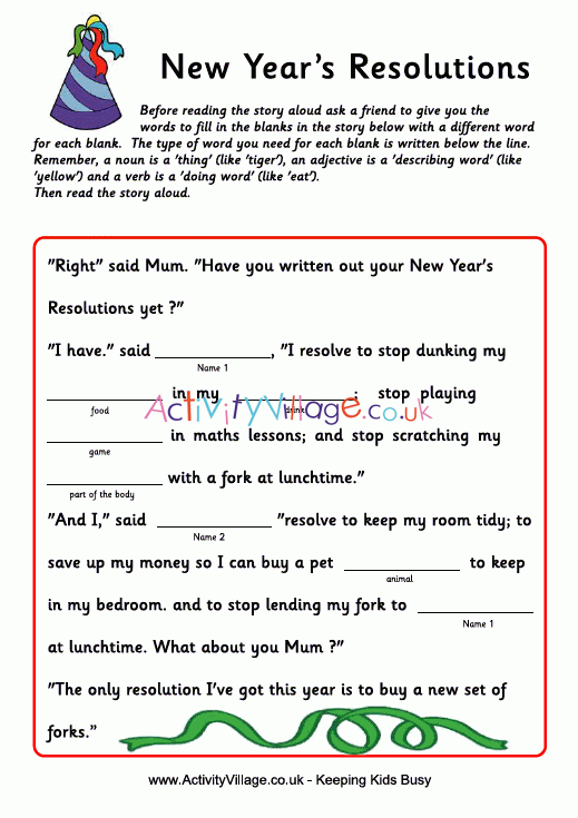 New Year Resolutions Fill in the Blanks Story