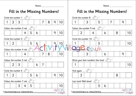 Fill in the missing numbers 1 to 10