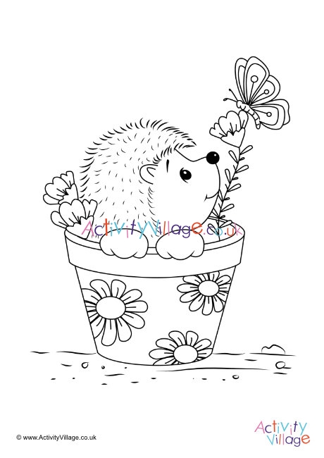 Flowerpot hedgehog colouring page