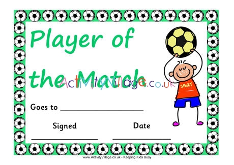Football certificate - player of the match - boy