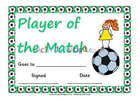 Football certificate - player of the match - girl