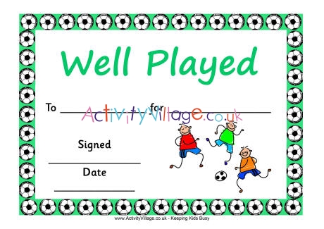 Football certificate - well played