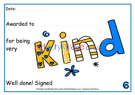 For being kind award certificate