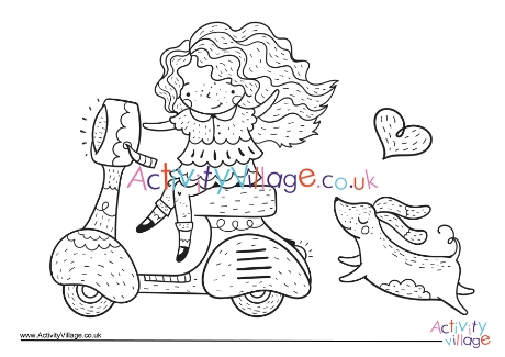 Girl on scooter colouring page