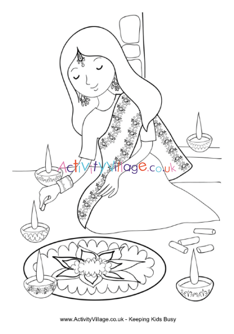 Girl Painting Rangoli Colouring Page