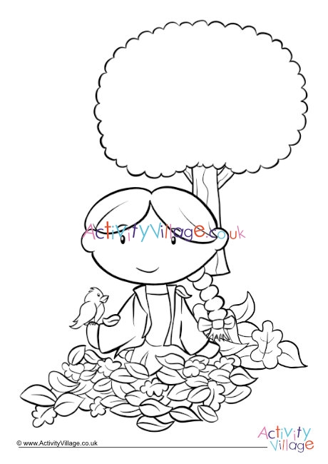 Girl Playing In Autumn Leaves Colouring Page