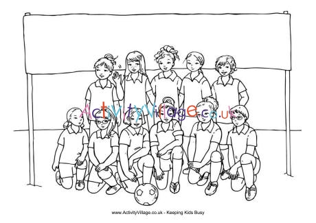 Girls soccer team colouring page